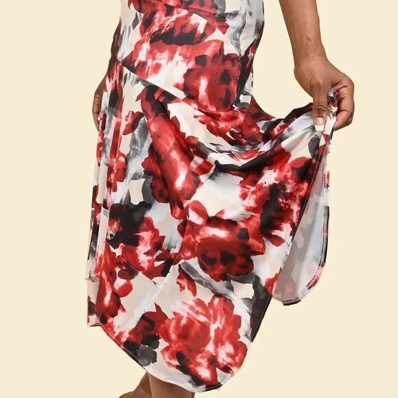 Tamsy Red and Neutral Floral Asymmetrical Midi Skirt S1x CLOSET CLEAR OUT SALE! - Picture 2 of 5